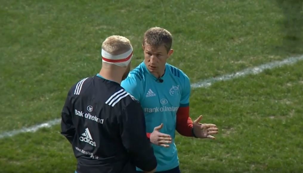 MIC'D UP: Slimmed down ex-Ireland hooker Jerry Flannery gives some scrummaging advice to a young prop