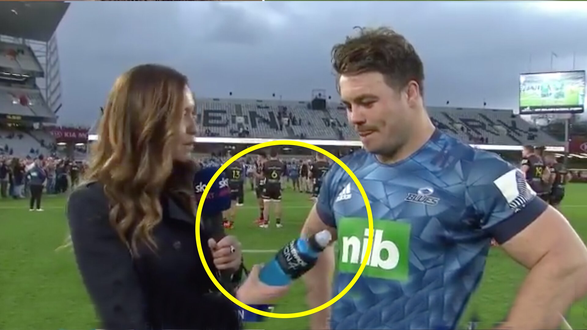 Blues player is handed a Blue powerade during post match interview - Epicness ensues
