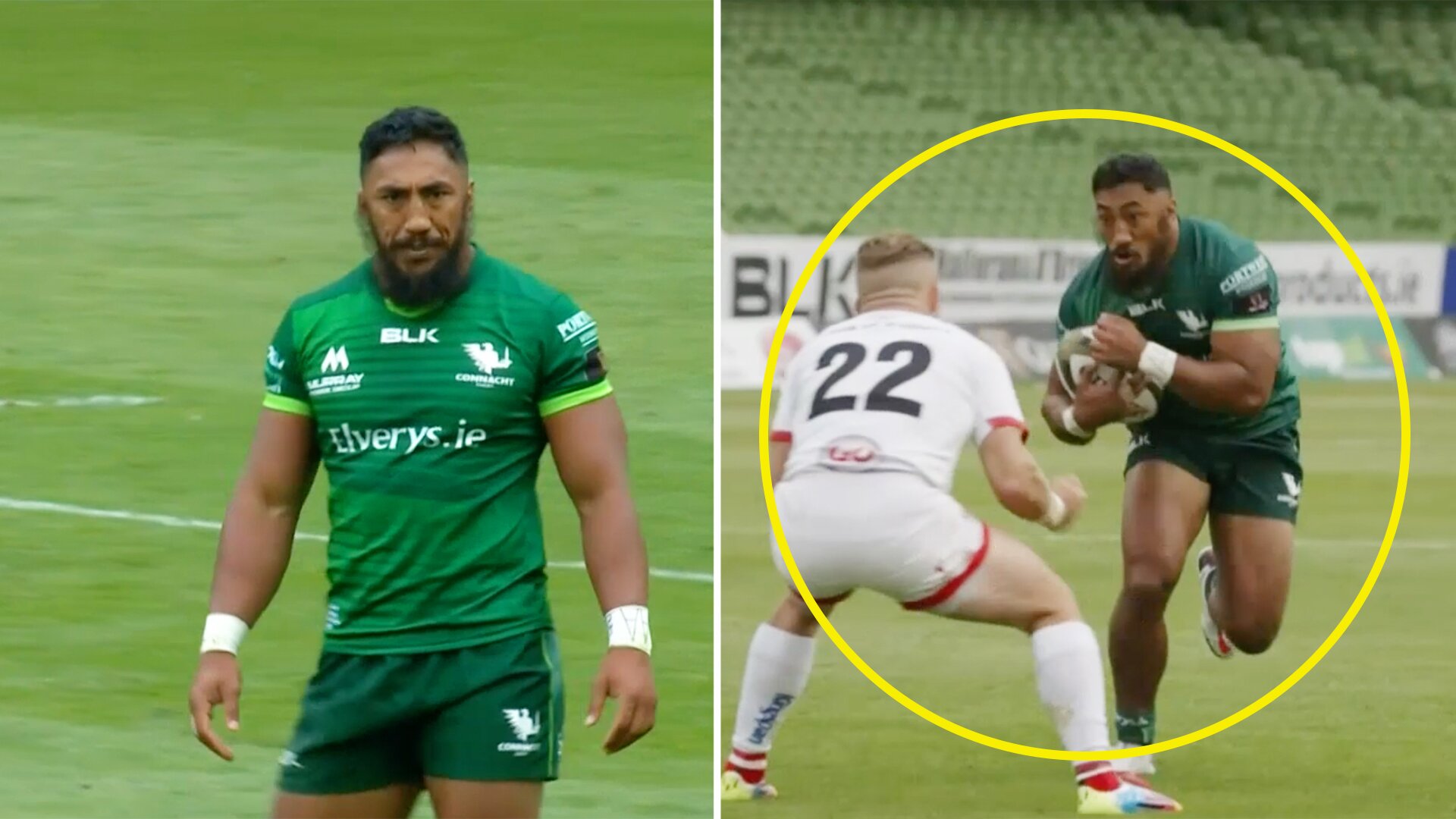 Ian Madigan's first action in an Ulster shirt is to try and stop Bundee Aki from scoring from 5m out