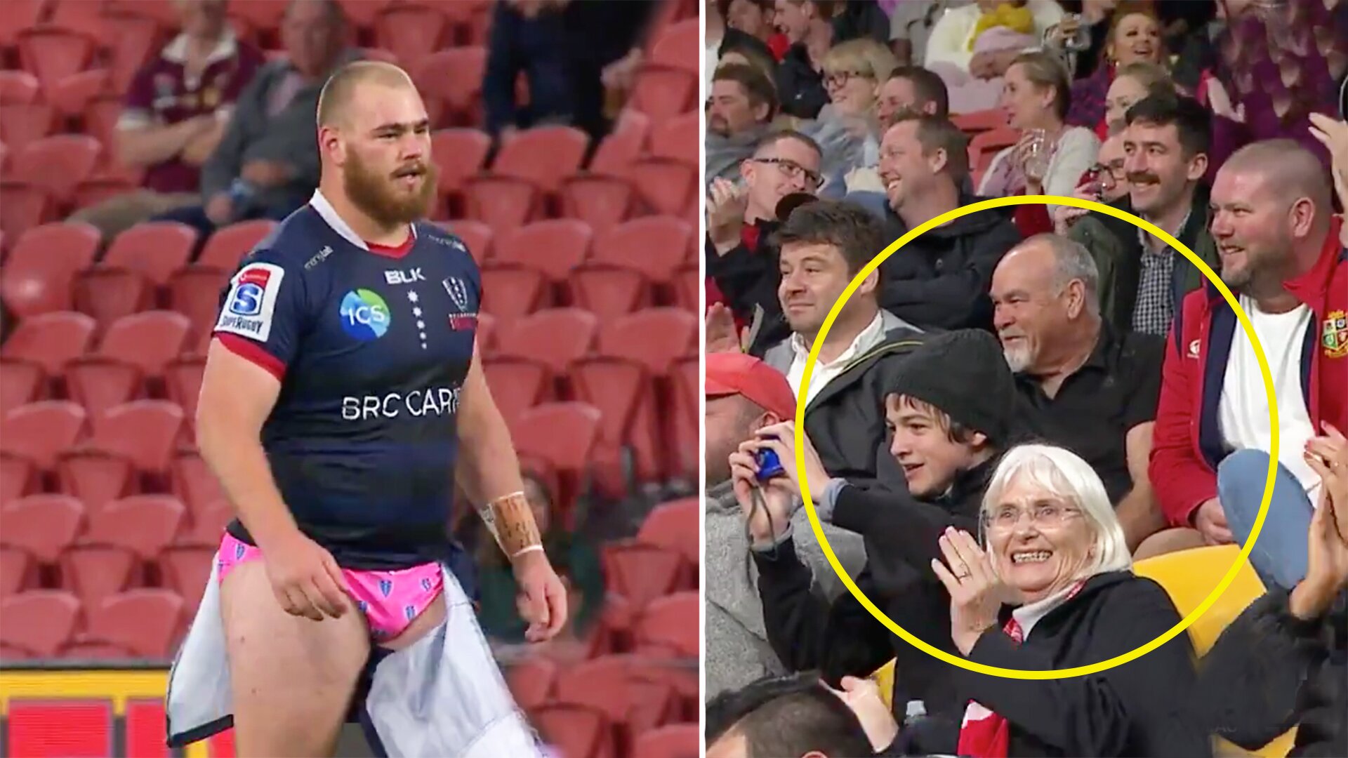 Crowd erupts after prop plays on through wardrobe malfunction