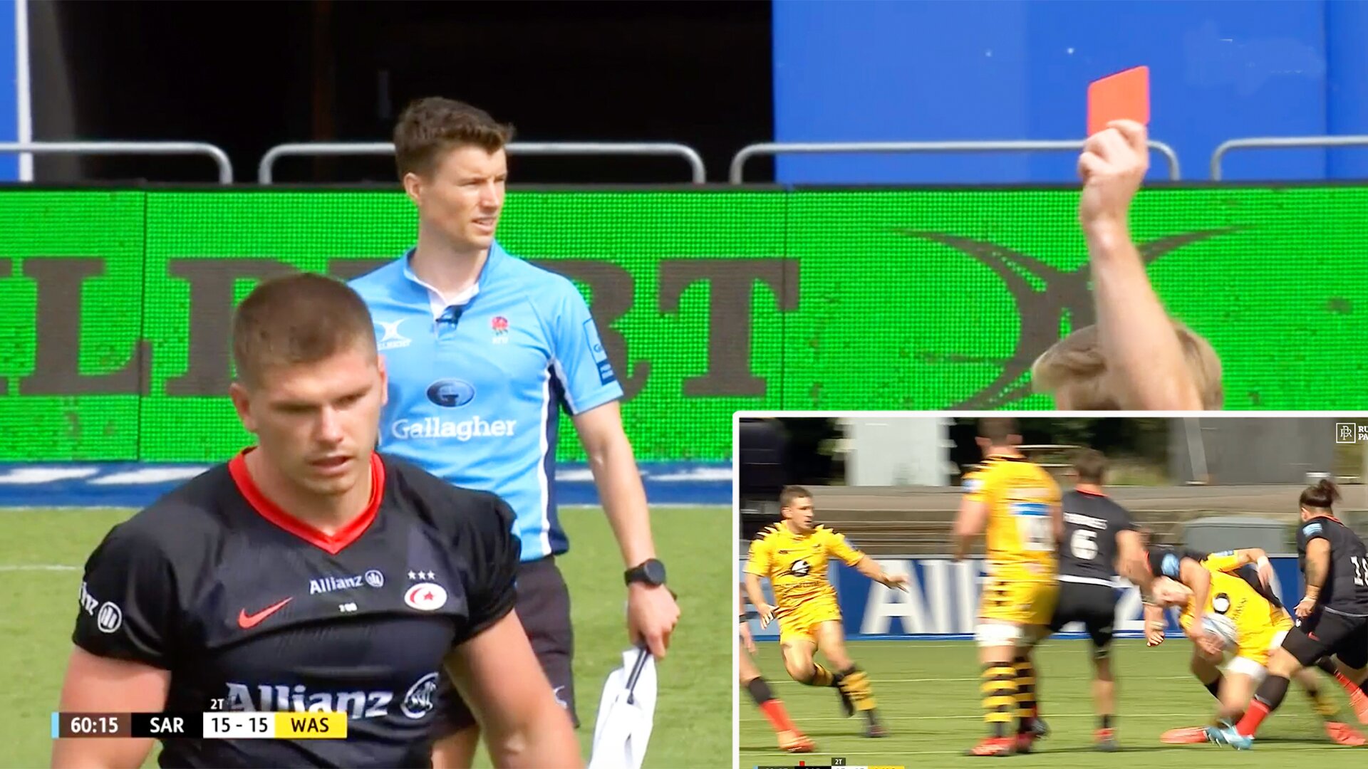 Owen Farrell sent off after horror tackle in today's Gallagher Premiership clash with Wasps