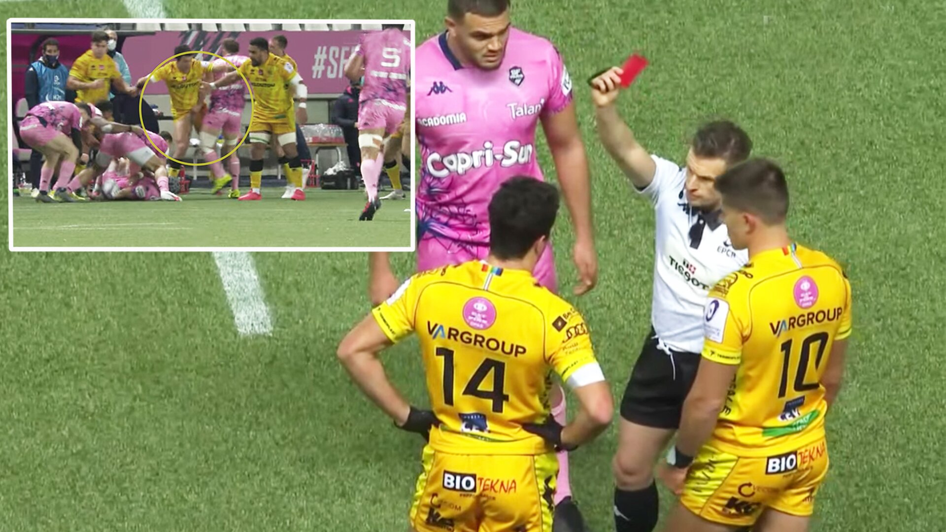 Two red cards shown after bizarre ball grabbing incident in European rugby clash