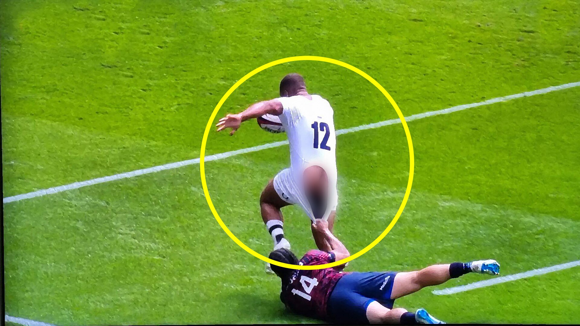 Ollie Lawrence suffers wardrobe malfunction on first try for England rugby