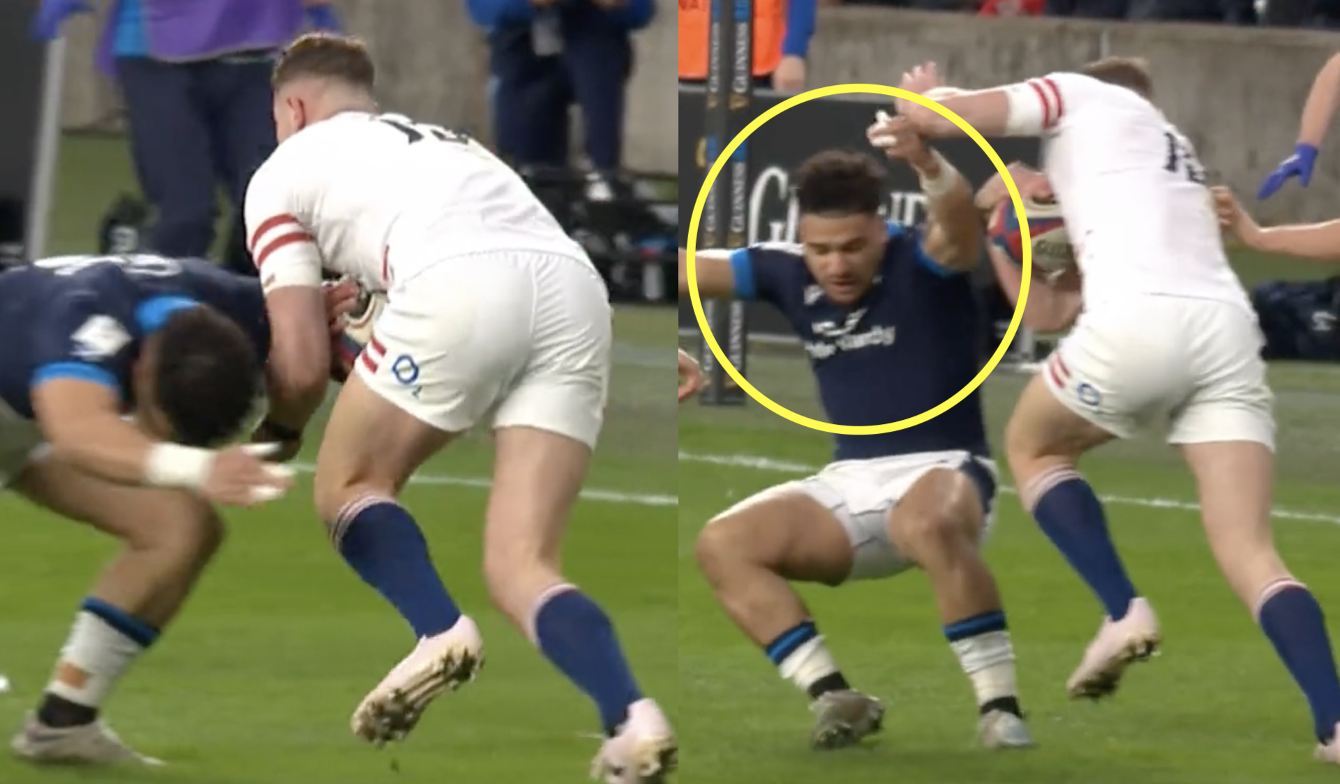 England fullback sends 104kg Tuipulotu flying in manic carry